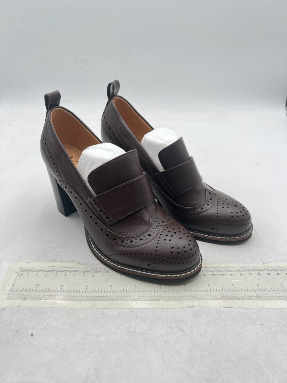 YDN Saddle Brown Chunky High Heels Round Toe Oxford Loafer Shoes Slip On Loafers - Picture 4 of 8